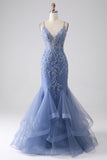 Grey Blue Mermaid Spaghetti Strap Beaded Backless Prom Dress With Appliques Grey Blue Mermaid Spaghetti Strap Beaded Backless Prom Dress With Appliques