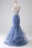 Grey Blue Mermaid Spaghetti Strap Beaded Backless Prom Dress With Appliques Grey Blue Mermaid Spaghetti Strap Beaded Backless Prom Dress With Appliques