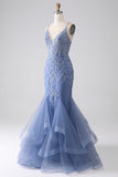Grey Blue Mermaid Spaghetti Strap Beaded Backless Prom Dress With Appliques Grey Blue Mermaid Spaghetti Strap Beaded Backless Prom Dress With Appliques