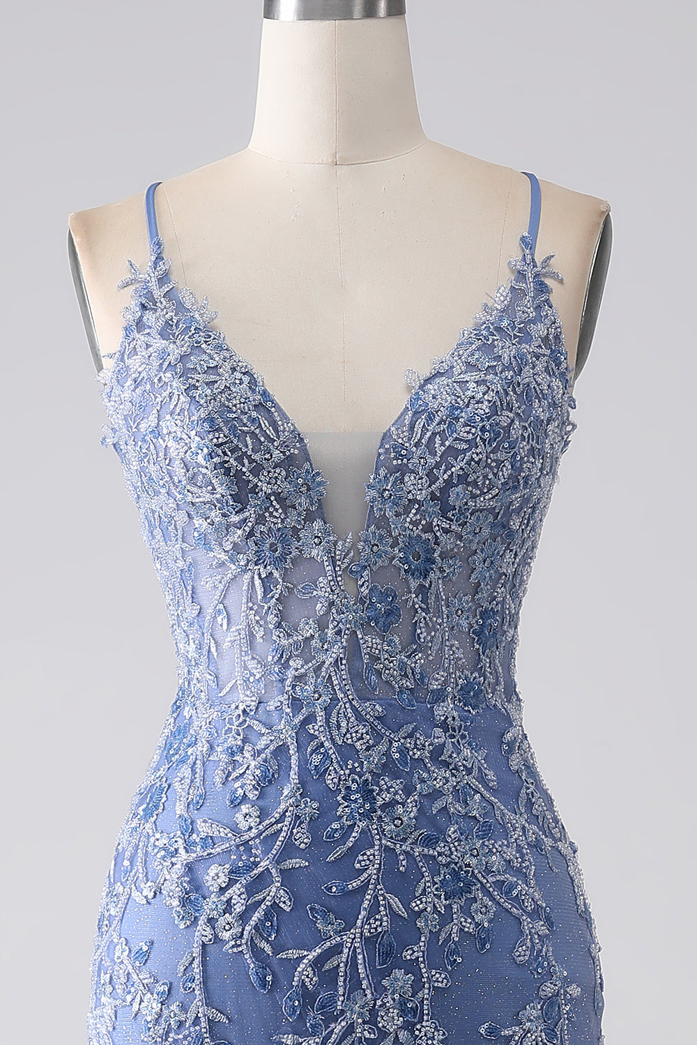 Grey Blue Mermaid Spaghetti Strap Beaded Backless Prom Dress With Appliques Grey Blue Mermaid Spaghetti Strap Beaded Backless Prom Dress With Appliques
