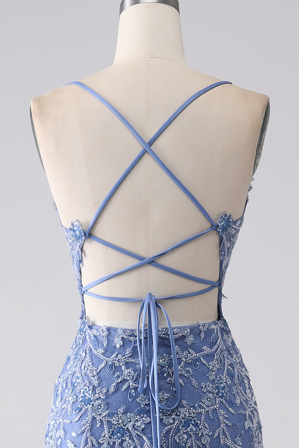 Grey Blue Mermaid Spaghetti Strap Beaded Backless Prom Dress With Appliques Grey Blue Mermaid Spaghetti Strap Beaded Backless Prom Dress With Appliques