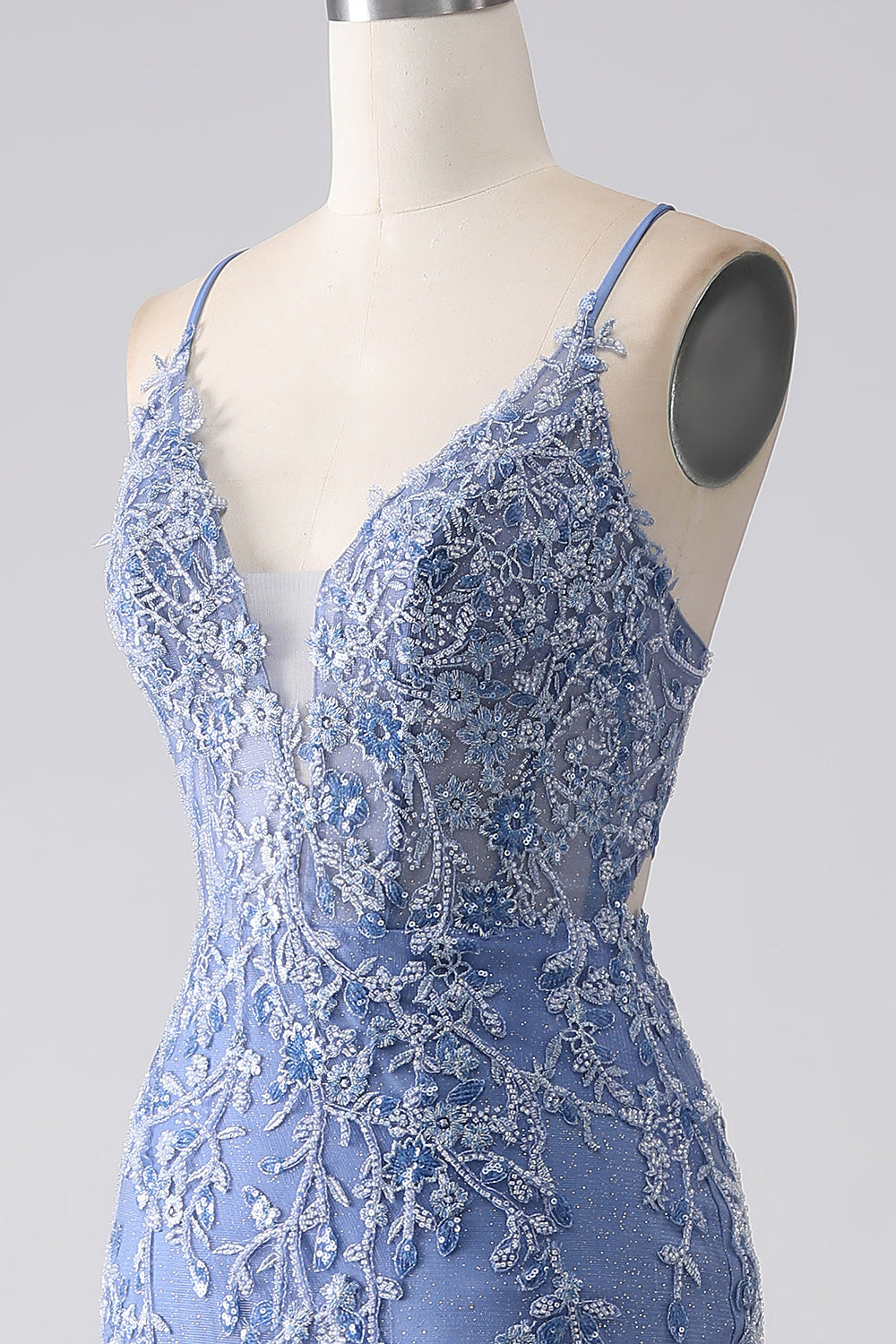 Grey Blue Mermaid Spaghetti Strap Beaded Backless Prom Dress With Appliques Grey Blue Mermaid Spaghetti Strap Beaded Backless Prom Dress With Appliques