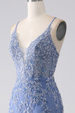 Grey Blue Mermaid Spaghetti Strap Beaded Backless Prom Dress With Appliques Grey Blue Mermaid Spaghetti Strap Beaded Backless Prom Dress With Appliques