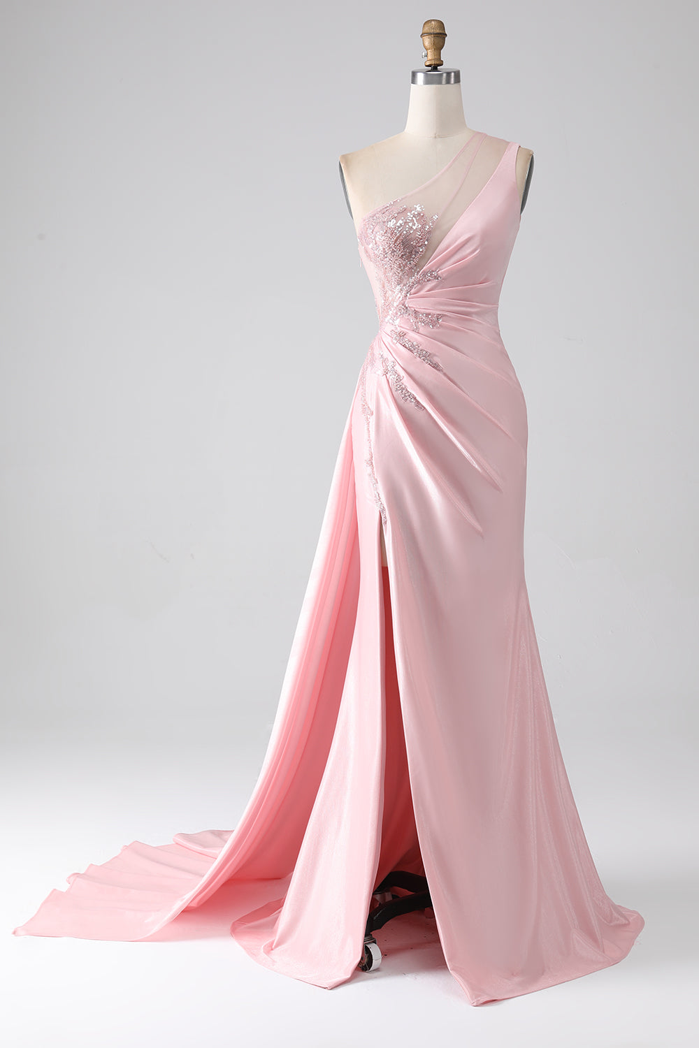 Pink Mermaid One Shoulder Sequins Appliques Ruched Prom Dress With Slit Pink Mermaid One Shoulder Sequins Appliques Ruched Prom Dress With Slit