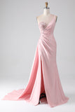 Pink Mermaid One Shoulder Sequins Appliques Ruched Prom Dress With Slit Pink Mermaid One Shoulder Sequins Appliques Ruched Prom Dress With Slit