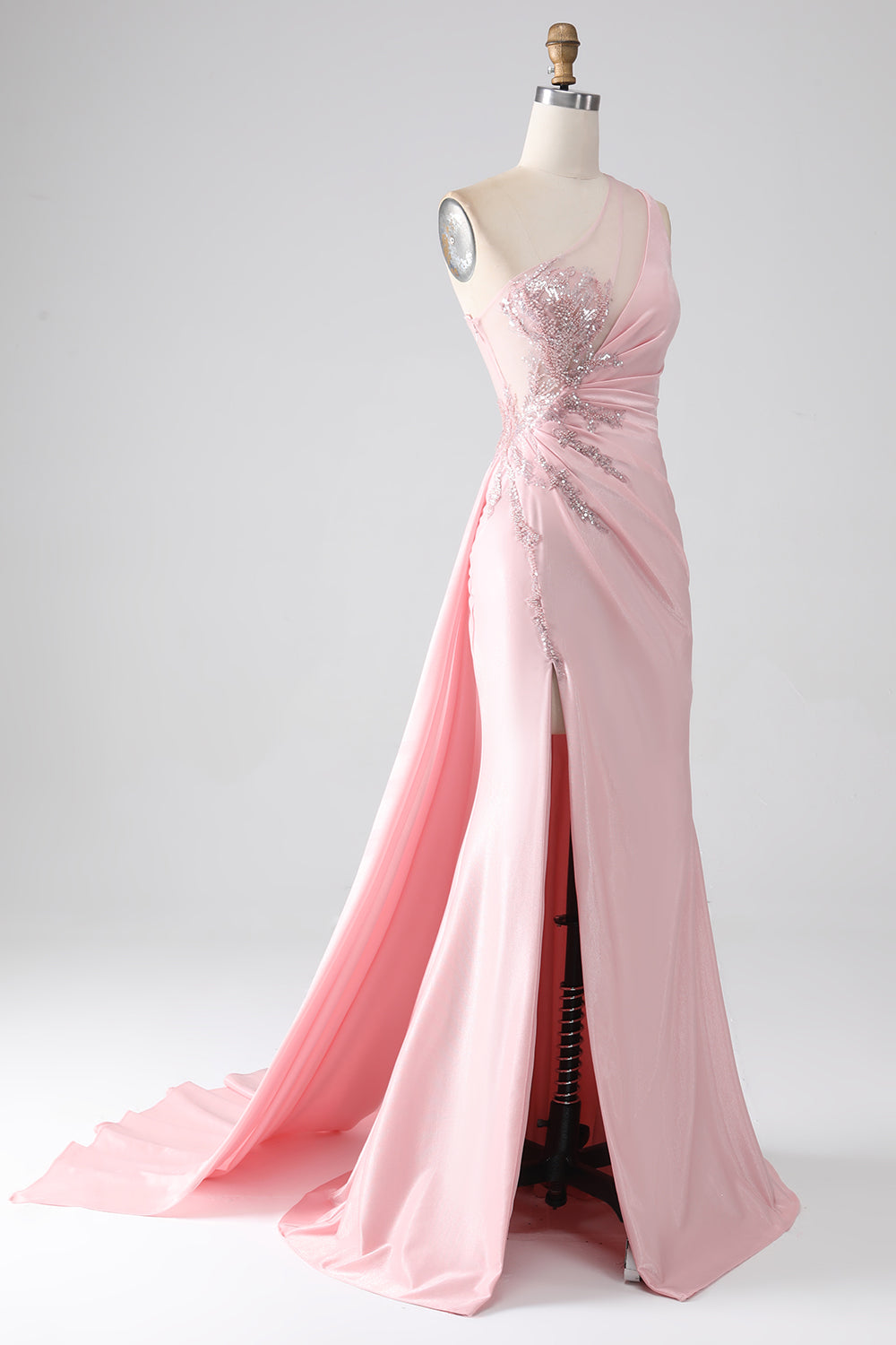 Pink Mermaid One Shoulder Sequins Appliques Ruched Prom Dress With Slit Pink Mermaid One Shoulder Sequins Appliques Ruched Prom Dress With Slit