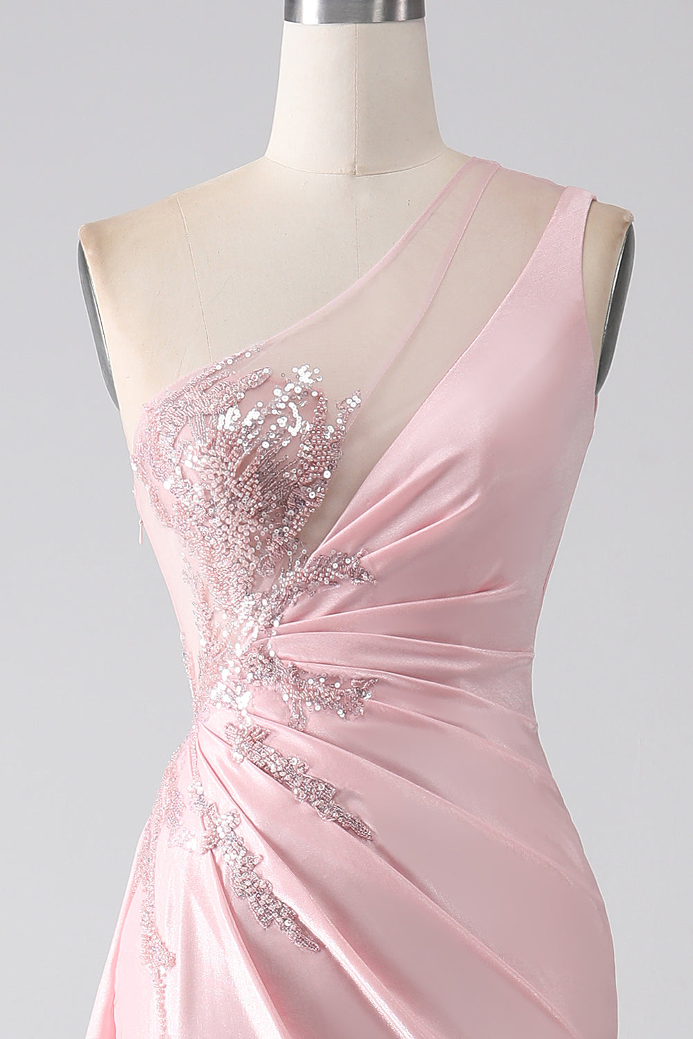 Pink Mermaid One Shoulder Sequins Appliques Ruched Prom Dress With Slit Pink Mermaid One Shoulder Sequins Appliques Ruched Prom Dress With Slit