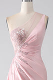 Pink Mermaid One Shoulder Sequins Appliques Ruched Prom Dress With Slit Pink Mermaid One Shoulder Sequins Appliques Ruched Prom Dress With Slit
