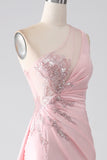 Pink Mermaid One Shoulder Sequins Appliques Ruched Prom Dress With Slit Pink Mermaid One Shoulder Sequins Appliques Ruched Prom Dress With Slit
