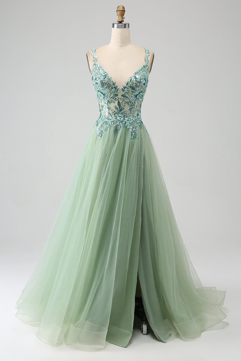 Zapakasa Women Light Green Prom Dress A-Line V Neck Split Tulle Party Dress with Appliqued Beading Zapakasa Women Light Green Prom Dress A-Line V Neck Split Tulle Party Dress with Appliqued Beading