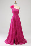 Fuchsia A-Line One Shoulder Feather Sequin Long Prom Dress With Slit Fuchsia A-Line One Shoulder Feather Sequin Long Prom Dress With Slit