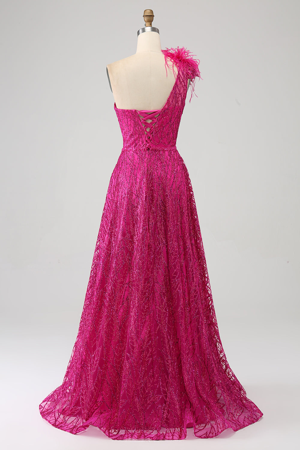 Fuchsia A-Line One Shoulder Feather Sequin Long Prom Dress With Slit Fuchsia A-Line One Shoulder Feather Sequin Long Prom Dress With Slit