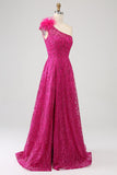 Fuchsia A-Line One Shoulder Feather Sequin Long Prom Dress With Slit Fuchsia A-Line One Shoulder Feather Sequin Long Prom Dress With Slit