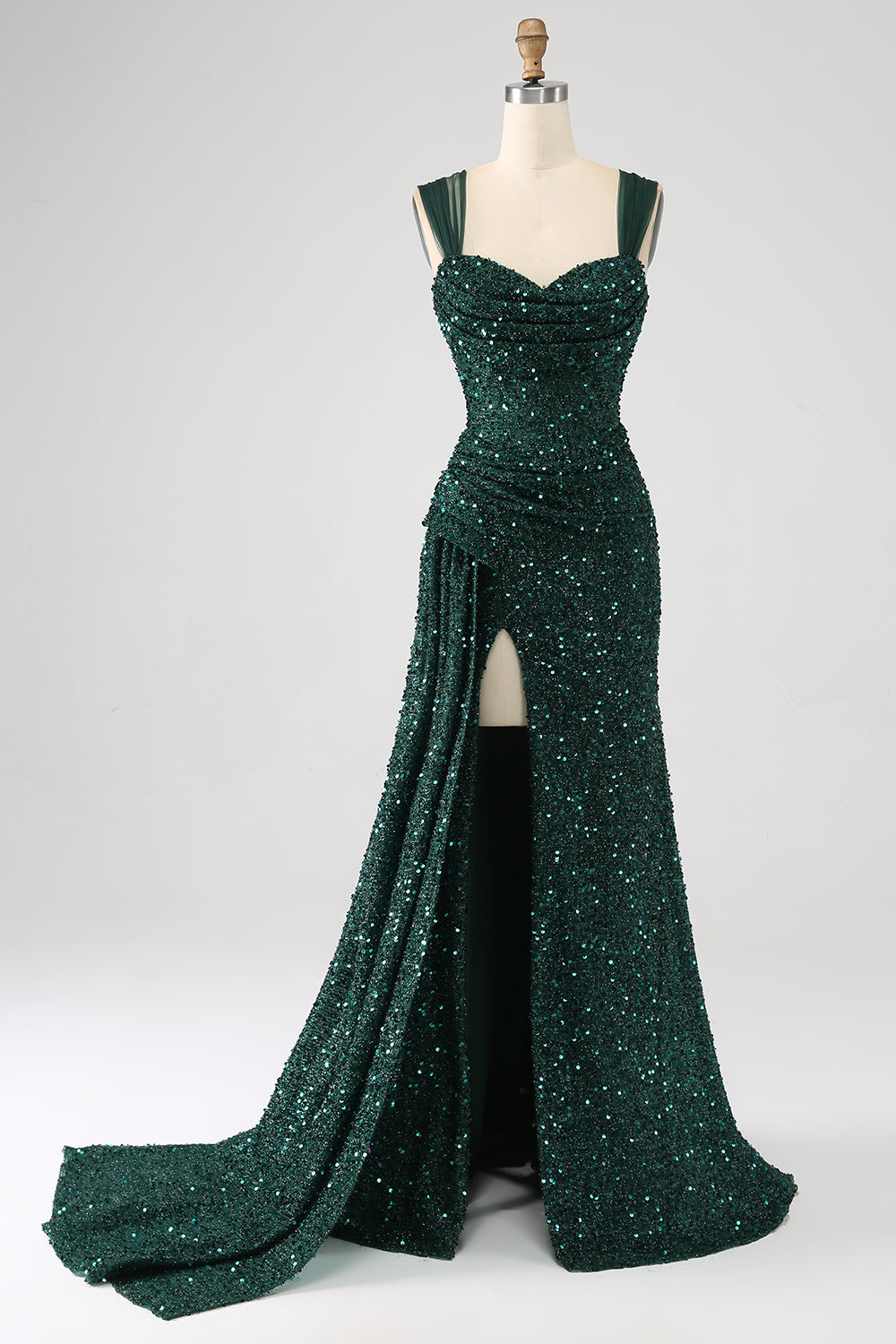 Sparkly Dark Green Sheath Sequin Pleated Long Prom Dress with Slit Sparkly Dark Green Sheath Sequin Pleated Long Prom Dress with Slit