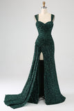 Sparkly Dark Green Sheath Sequin Pleated Long Prom Dress with Slit Sparkly Dark Green Sheath Sequin Pleated Long Prom Dress with Slit