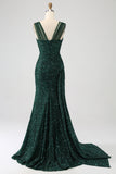 Sparkly Dark Green Sheath Sequin Pleated Long Prom Dress with Slit Sparkly Dark Green Sheath Sequin Pleated Long Prom Dress with Slit