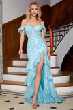 Stylish Mermaid Off the Shoulder Sky Blue Long Prom Dress with Lace Ruffles Stylish Mermaid Off the Shoulder Sky Blue Long Prom Dress with Lace Ruffles