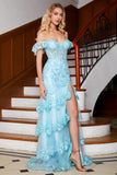 Stylish Mermaid Off the Shoulder Sky Blue Long Prom Dress with Lace Ruffles Stylish Mermaid Off the Shoulder Sky Blue Long Prom Dress with Lace Ruffles