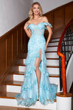 Stylish Mermaid Off the Shoulder Sky Blue Long Prom Dress with Lace Ruffles Stylish Mermaid Off the Shoulder Sky Blue Long Prom Dress with Lace Ruffles