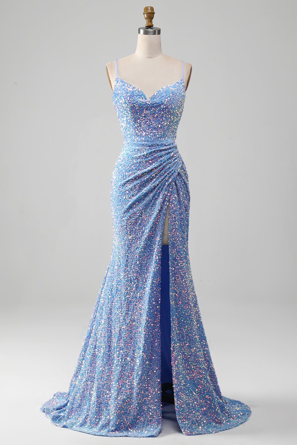 Zapakasa Women Sparkly Sequins Light Blue Prom Dress with Slit Mermaid