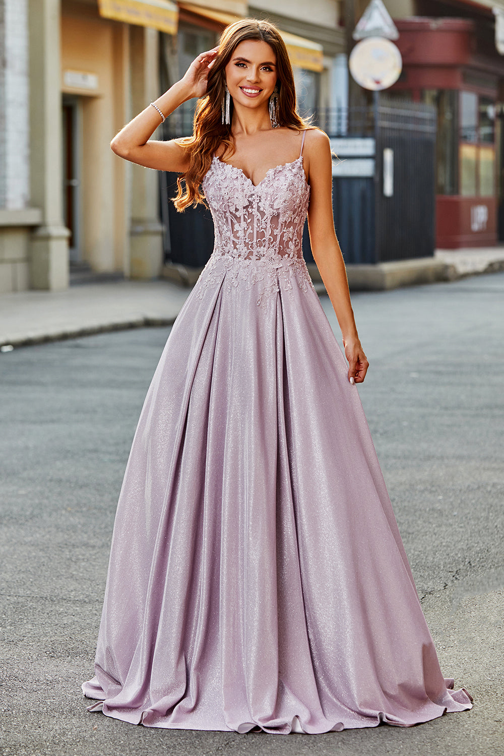 Zapakasa Women Sparkly Blush Beaded Prom Dress A-Line Spaghetti Straps Evening Party Dress with Appliques Zapakasa Women Sparkly Blush Beaded Prom Dress A-Line Spaghetti Straps Evening Party Dress with Appliques