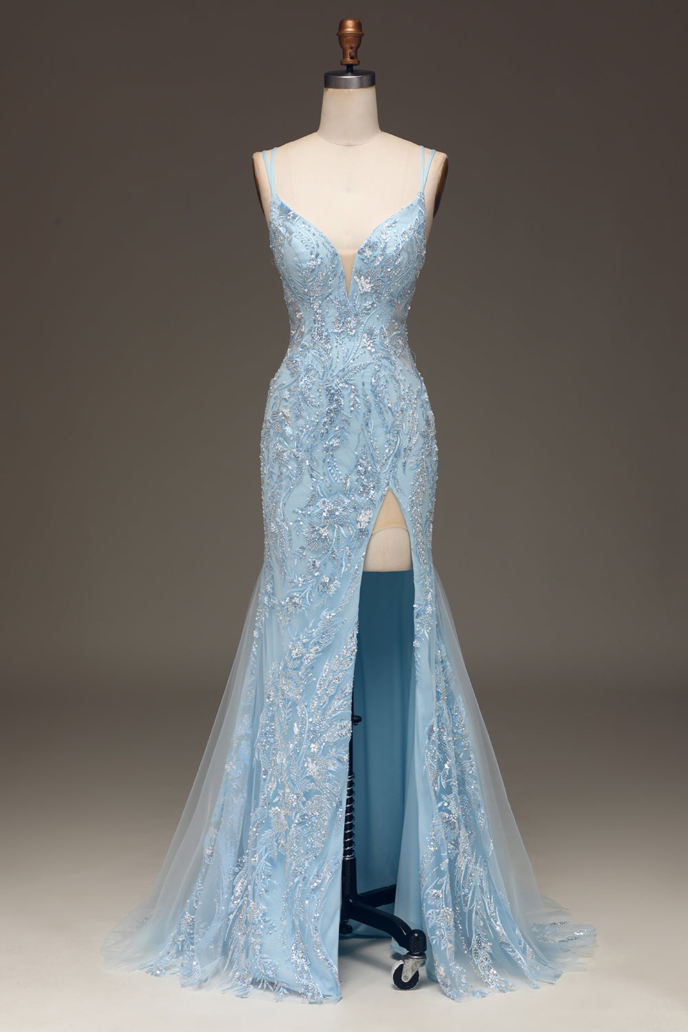 Zapakasa Women Blue Tulle Mermaid Prom Dress with Beaded Spaghetti Straps Formal Dress with Slit Zapakasa Women Blue Tulle Mermaid Prom Dress with Beaded Spaghetti Straps Formal Dress with Slit