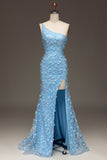 Light Blue Mermaid One Shoulder Side Slit Sequin Prom Dress with Appliques Light Blue Mermaid One Shoulder Side Slit Sequin Prom Dress with Appliques