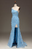 Light Blue Mermaid One Shoulder Side Slit Sequin Prom Dress with Appliques Light Blue Mermaid One Shoulder Side Slit Sequin Prom Dress with Appliques