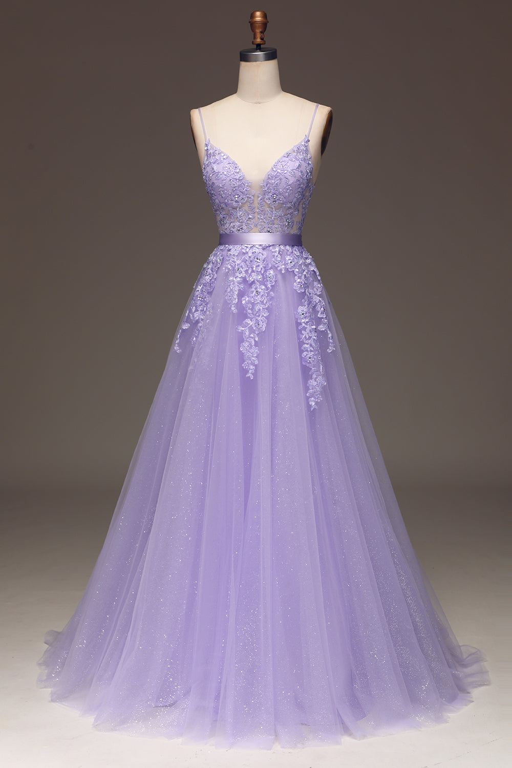 Purple A-Line Spaghetti Straps Long Beaded and Tulle Prom Dress with Appliques Purple A-Line Spaghetti Straps Long Beaded and Tulle Prom Dress with Appliques