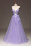 Purple A-Line Spaghetti Straps Long Beaded and Tulle Prom Dress with Appliques Purple A-Line Spaghetti Straps Long Beaded and Tulle Prom Dress with Appliques