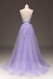 Purple A-Line Spaghetti Straps Long Beaded and Tulle Prom Dress with Appliques Purple A-Line Spaghetti Straps Long Beaded and Tulle Prom Dress with Appliques