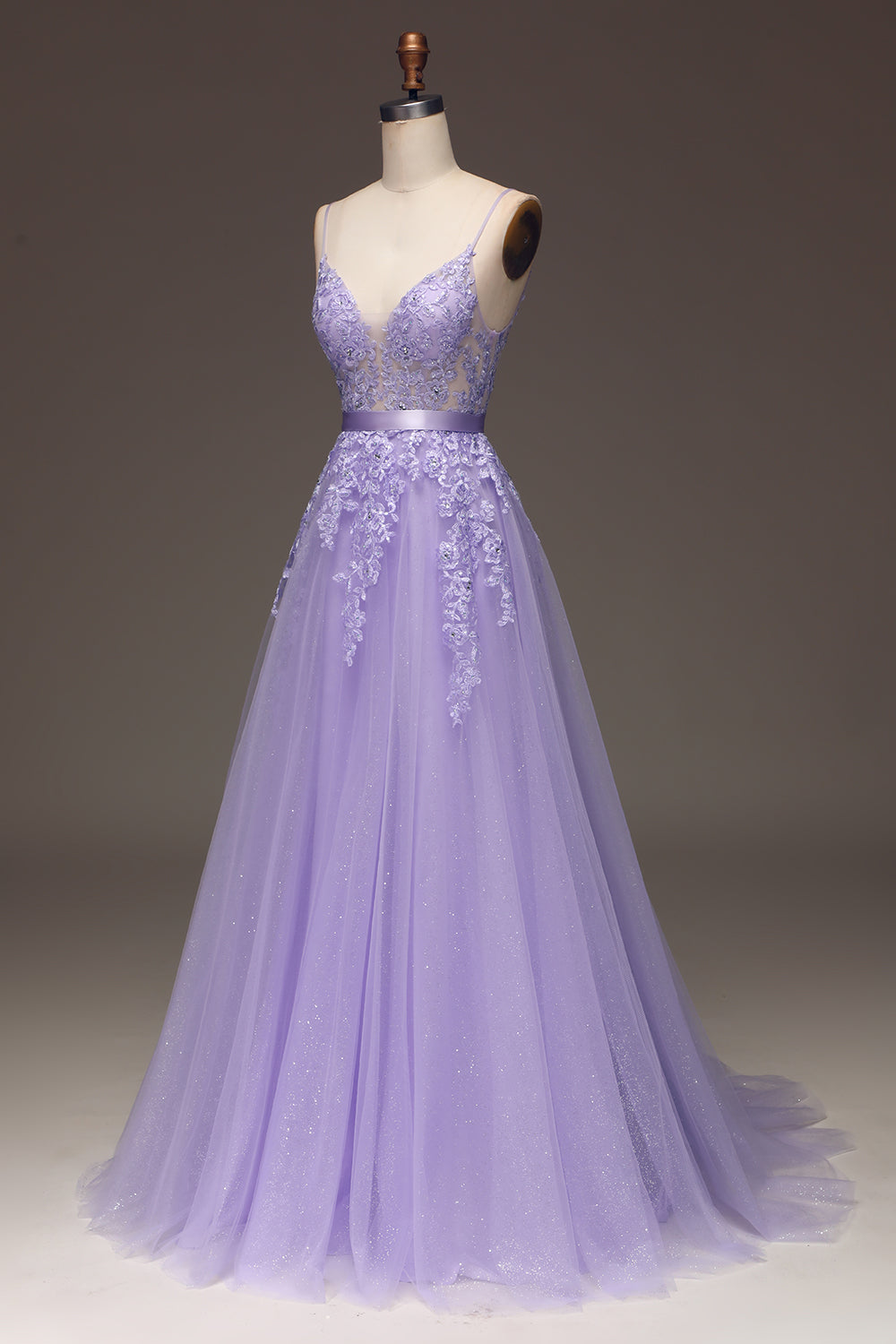 Purple A-Line Spaghetti Straps Long Beaded and Tulle Prom Dress with Appliques Purple A-Line Spaghetti Straps Long Beaded and Tulle Prom Dress with Appliques