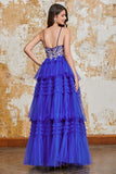 Gorgeous A Line Spaghetti Straps Royal Blue Long Prom Dress with Ruffles Appliques Gorgeous A Line Spaghetti Straps Royal Blue Long Prom Dress with Ruffles Appliques