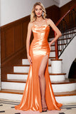Stunning Orange Mermaid Spaghetti Straps Corset Prom Dress with Split Front Stunning Orange Mermaid Spaghetti Straps Corset Prom Dress with Split Front