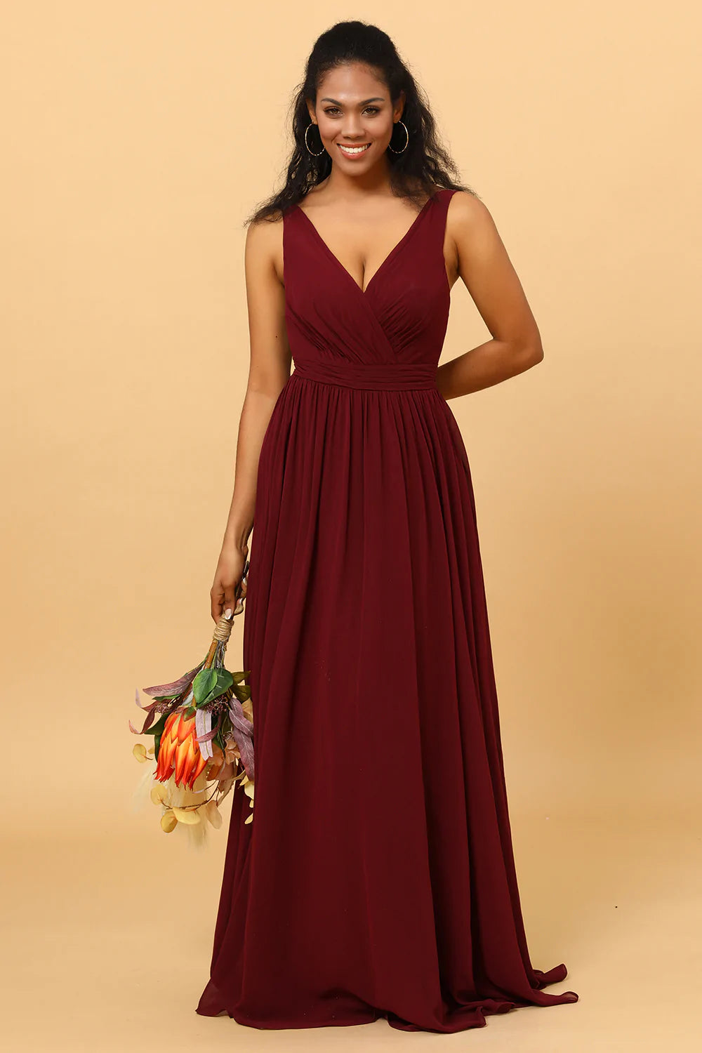 Zapaka Women Burgundy Long Chiffon Bridesmaid Dress Cap Sleeves A-Line  Wedding Guest Dress with Lace – Zapaka CA