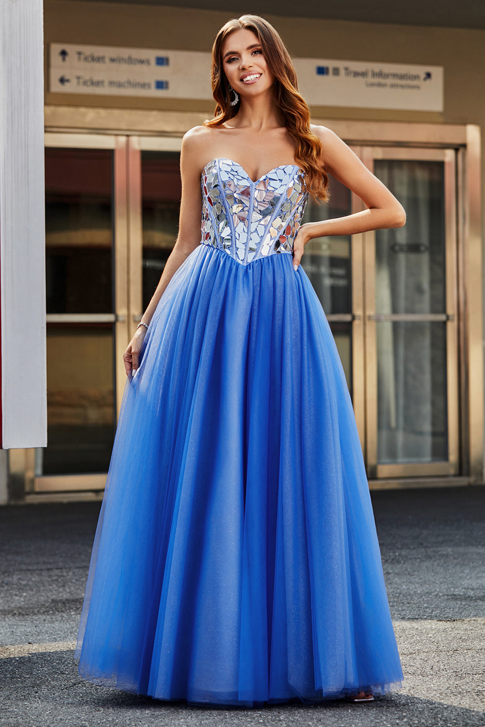 Zapaka Women Royal Blue Prom Dress A-Line Sweetheart Broken Mirrors Strapless Corset Long Evening Dress, Royal Blue / US16 Zapaka Women Royal Blue Prom Dress A-Line Sweetheart Broken Mirrors Strapless Corset Long Evening Dress, Royal Blue / US16