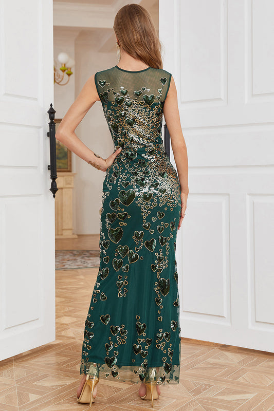 Sheath Round Neck Dark Green Love Heart Beaded Long Party Dress