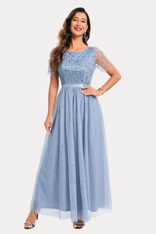 Sparkly Blue Beaded Long Tulle Prom Dress