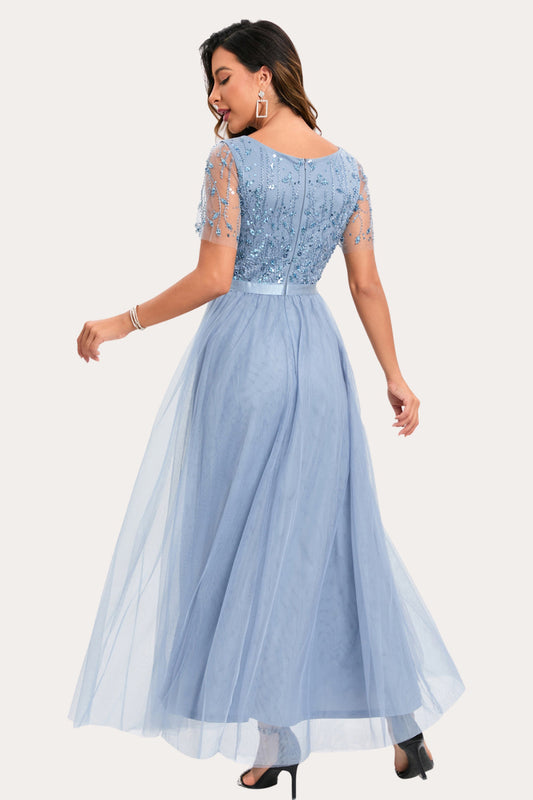 Sparkly Blue Beaded Long Tulle Prom Dress