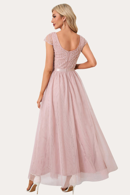 Sparkly Blush Beaded Long Tulle Prom Dress