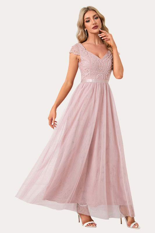 Sparkly Blush Beaded Long Tulle Prom Dress
