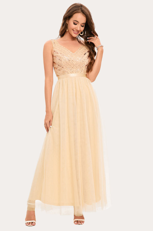 Sparkly Champagne Beaded Long Tulle Prom Dress