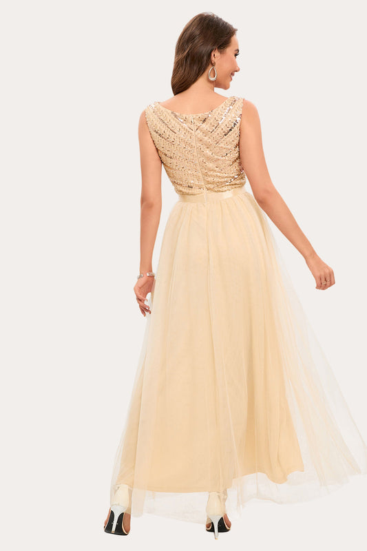 Sparkly Champagne Beaded Long Tulle Prom Dress