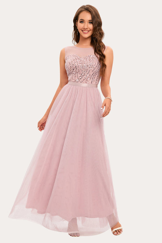 Sparkly Blush Beaded Long Tulle Prom Dress