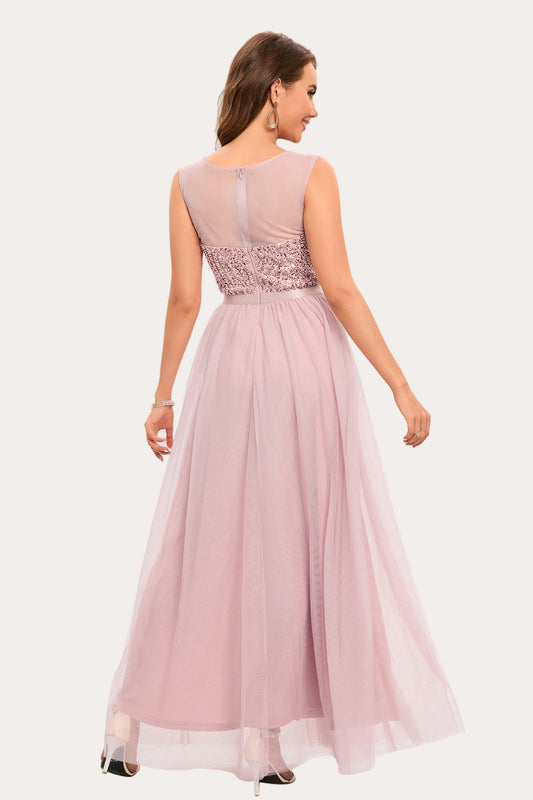 Sparkly Blush Beaded Long Tulle Prom Dress