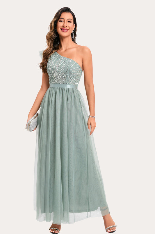 Sparkly Sage Beaded Long Tulle Prom Dress