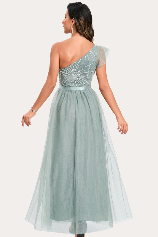 Sparkly Sage Beaded Long Tulle Prom Dress