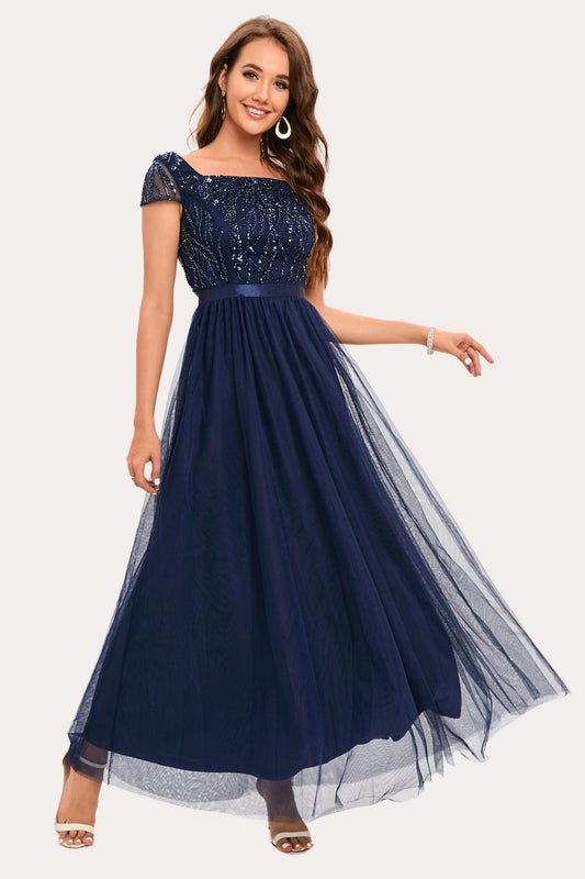 Sparkly Navy Beaded Square Neck Long Tulle Prom Dress