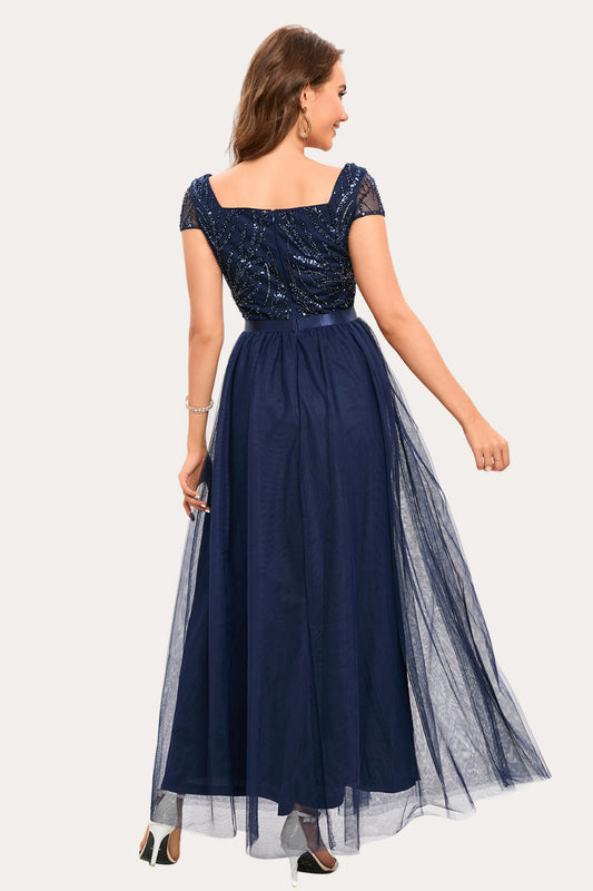 Sparkly Navy Beaded Square Neck Long Tulle Prom Dress