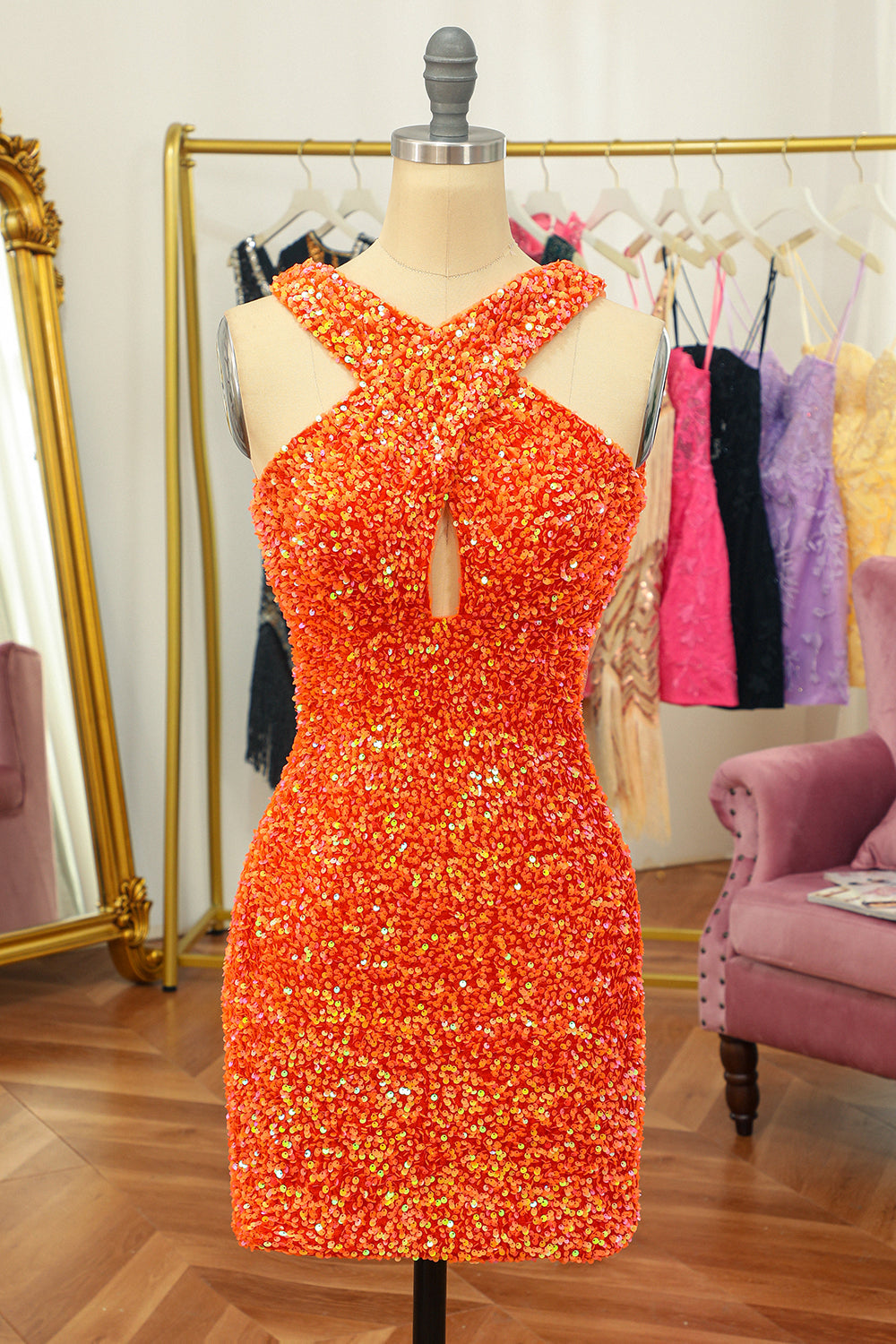Zapakasa Women Orange Glitter Sequins Tight Homecoming Dress